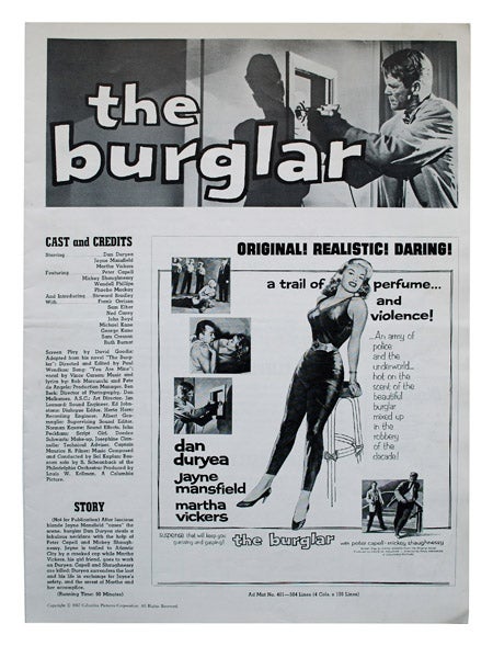 THE BURGLAR - ORIGINAL FILM PRESSBOOK. novel, screenplay, David Goodis, Paul Wendkos.