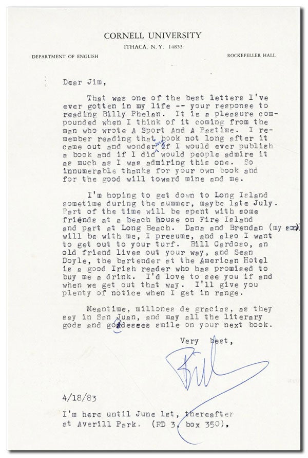 Item #4573 TYPED LETTER, SIGNED, TO JAMES SALTER (APRIL 18, 1983). William Kennedy.