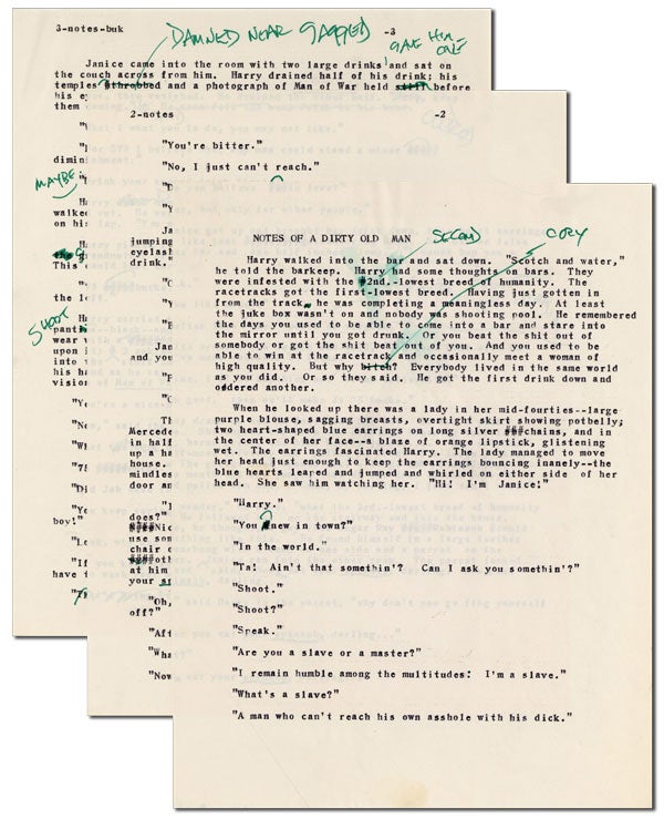 Item #4596 HEAVILY-CORRECTED TYPESCRIPT FOR A "NOTES OF A DIRTY OLD MAN" STORY. Charles Bukowski.