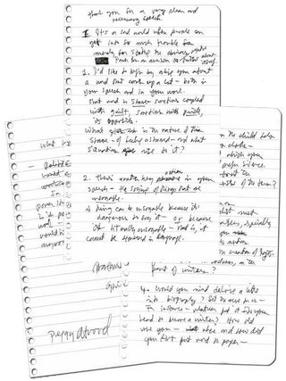 Item #4620 MANUSCRIPT NOTES FOR HER INTERVIEW WITH ORHAN PAMUK AT THE 2006 PEN WORLD VOICES...