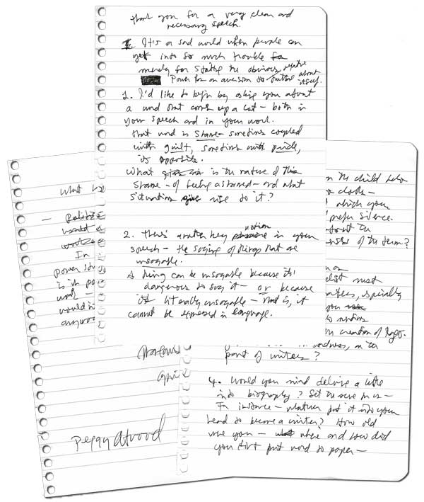 Item #4620 MANUSCRIPT NOTES FOR HER INTERVIEW WITH ORHAN PAMUK AT THE 2006 PEN WORLD VOICES FESTIVAL. Margaret Atwood.