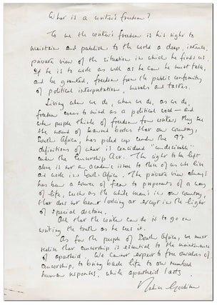 Item #4896 HOLOGRAPH MANUSCRIPT FOR "WHAT IS A WRITER'S FREEDOM?" - TOGETHER WITH A SHORT ALS....