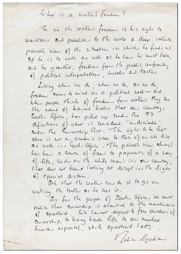 Item #4896 HOLOGRAPH MANUSCRIPT FOR "WHAT IS A WRITER'S FREEDOM?" - TOGETHER WITH A SHORT ALS. Nadine Gordimer.