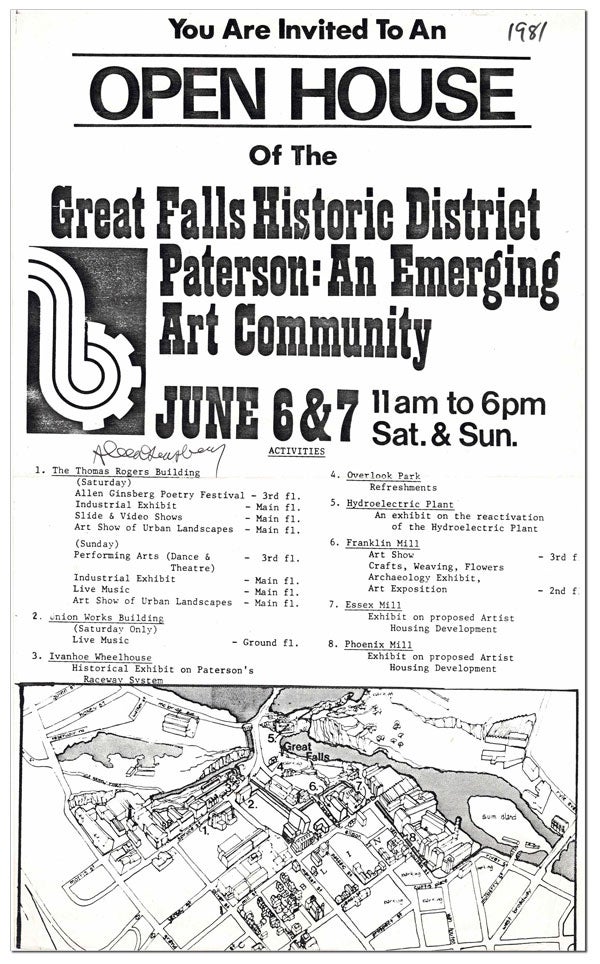 Item #5685 BROADSIDE: YOU ARE INVITED TO AN OPEN HOUSE OF THE GREAT FALLS HISTORIC DISTRICT – PATERSON: AN EMERGING ART COMMUNITY, JUNE 6 & 7 – SIGNED. Allen Ginsberg.