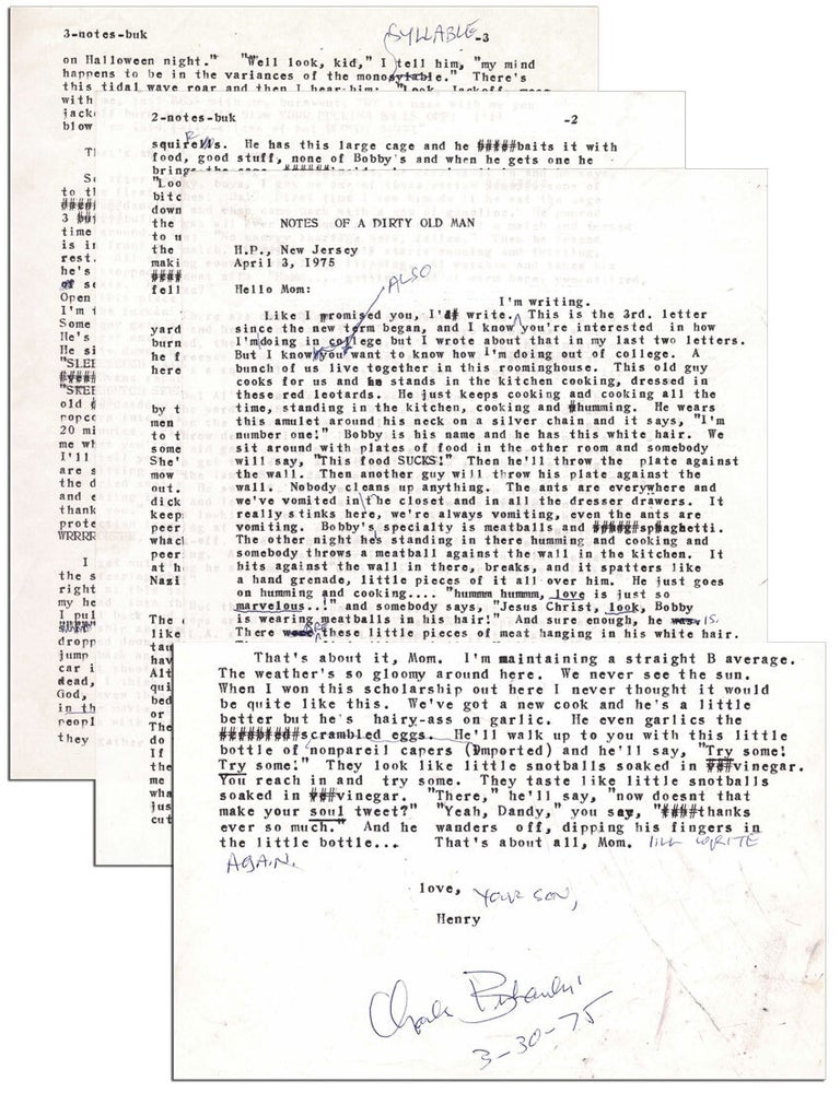 CORRECTED, SIGNED TYPESCRIPT FOR A "NOTES OF A DIRTY OLD MAN" STORY. Charles Bukowski.